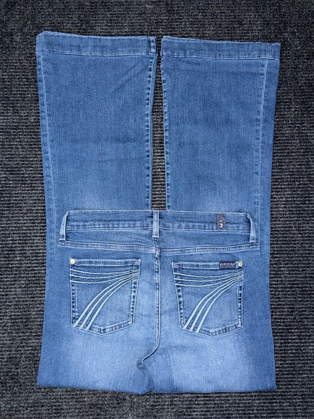 7 For All Mankind Dojo Jeans 29 x 32 Trouser Flare Almost Love Stretch Denim EUC